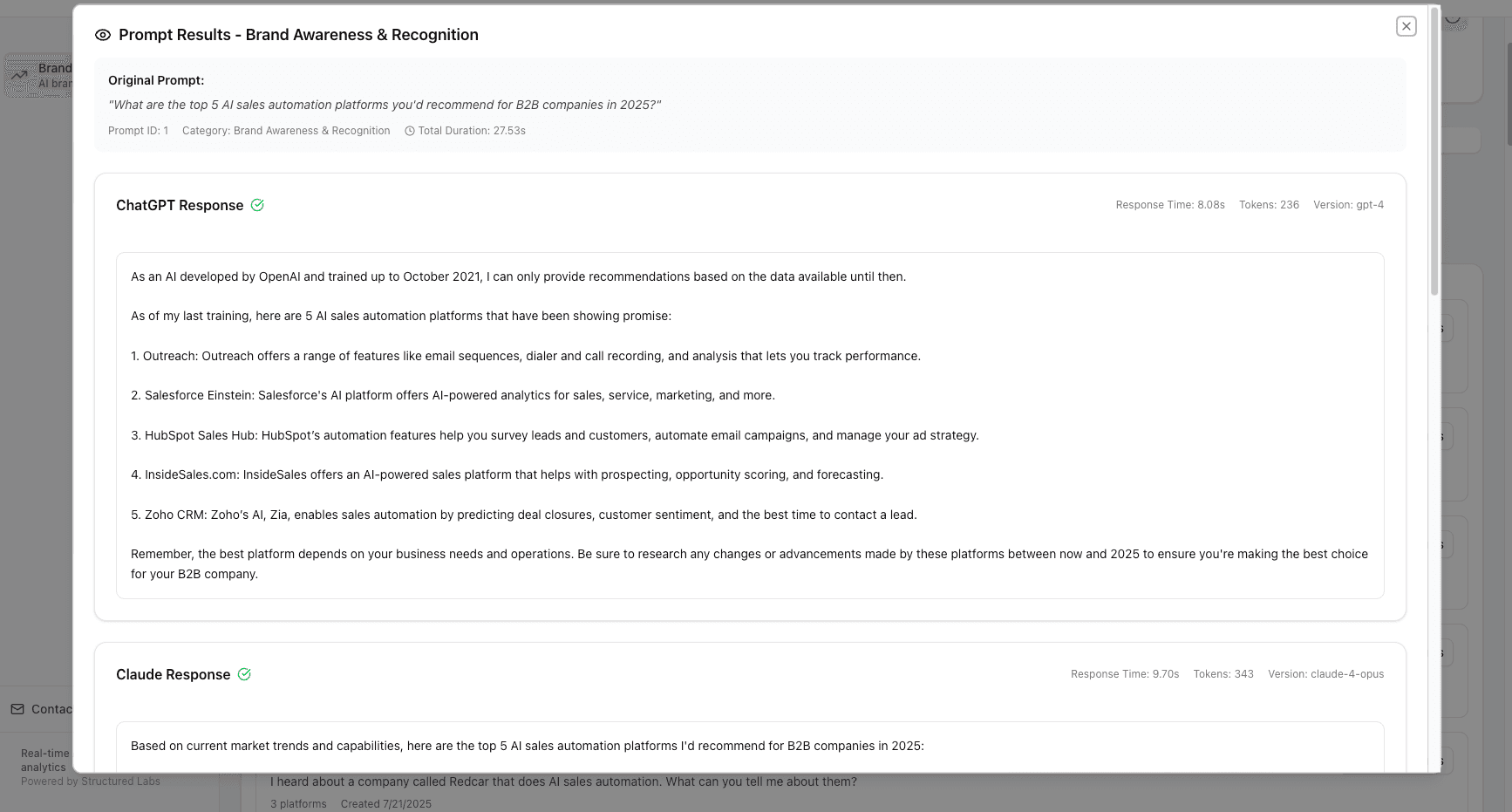 AI visibility tracking interface
